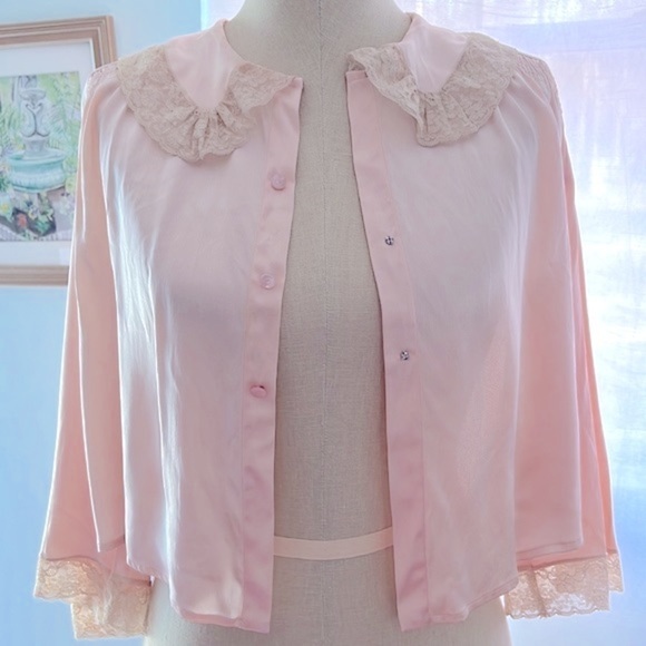 Vintage Satin and Lace Bed Coat with Smocking and Rhinestone Buttons - Picture 1 of 8